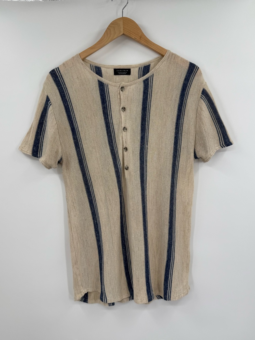 Zara Man Mens Striped Knit Henley Short Sleeve Sweater Tee | Cream Navy | Medium